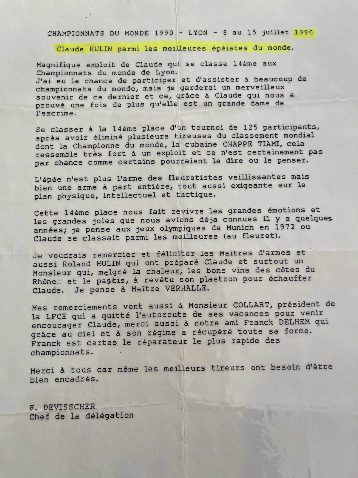 Document de 1990 Claude HULIN parmi les meilleures épéistes du monde