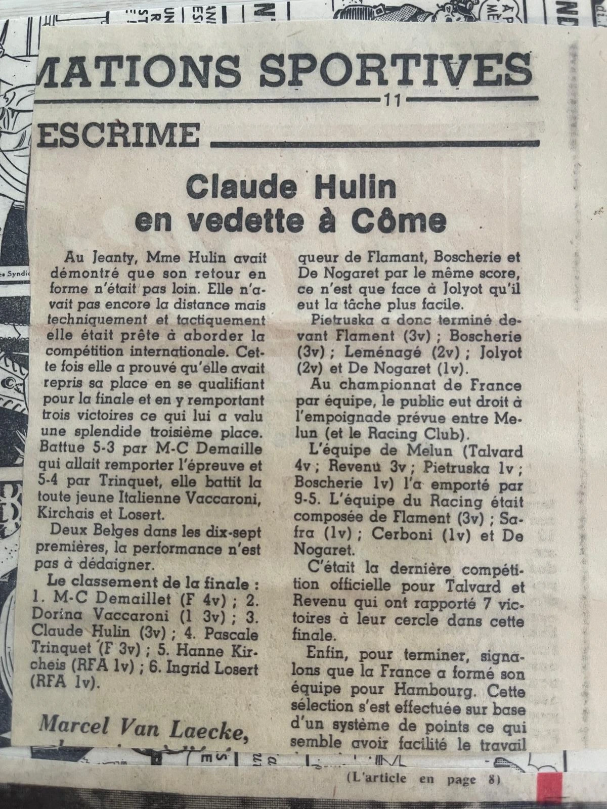 Article au titre Claude Hulin en vedette à Côme