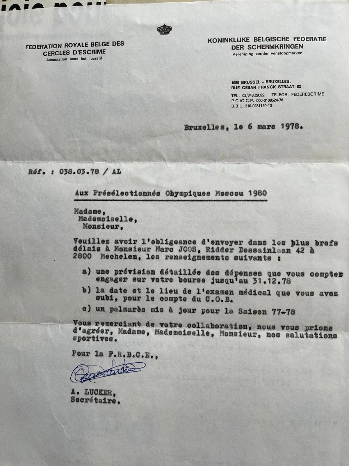 Document de la fédération royale belge des cercles d'escrime