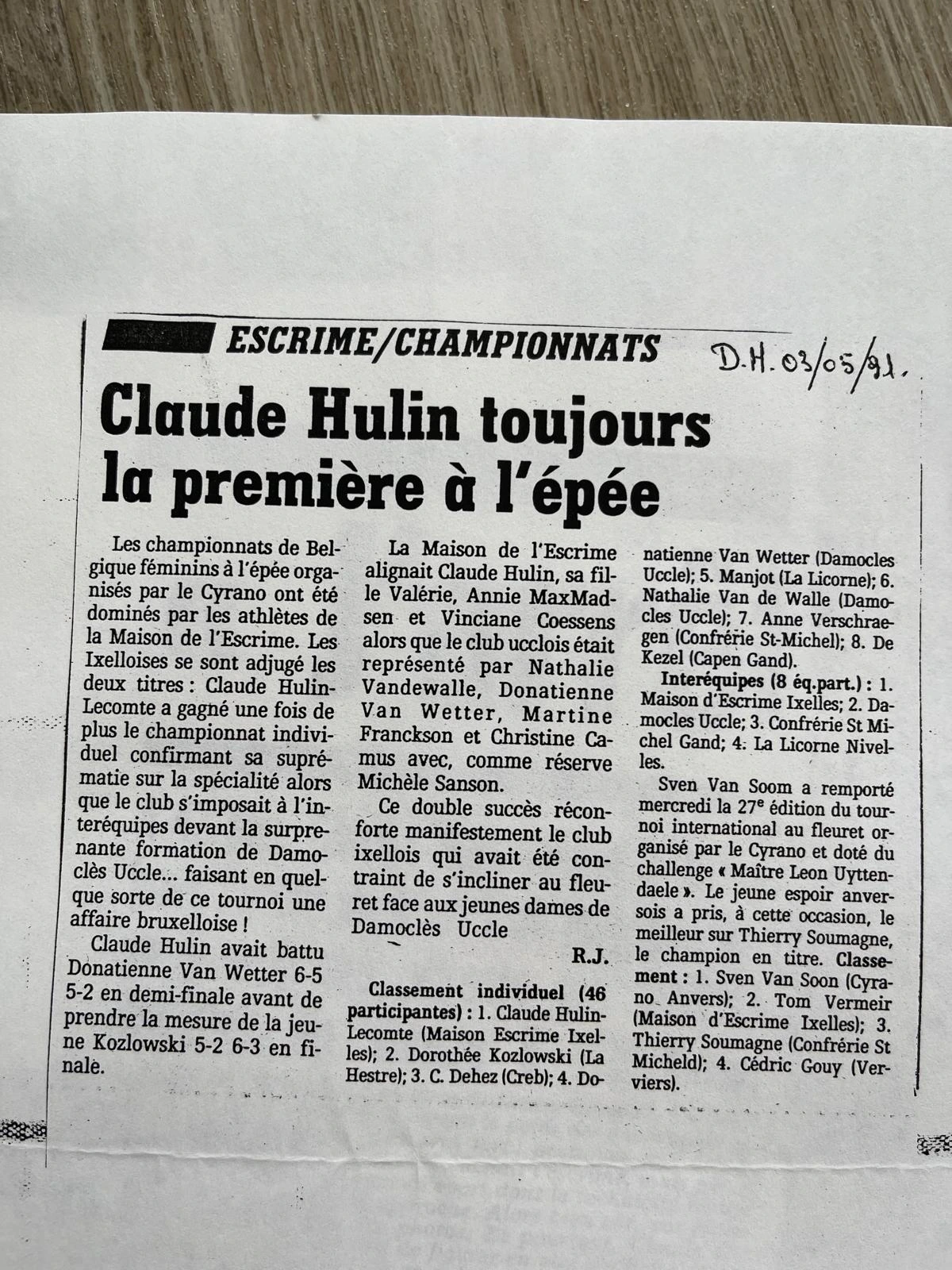 Article au titre Claude Hulin toujours la première à l'épée