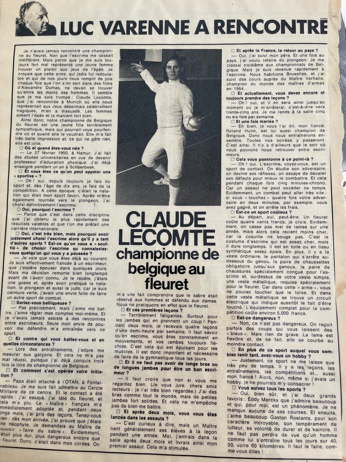 Article au titre Claude Lecomte championne de Belgique au fleuret